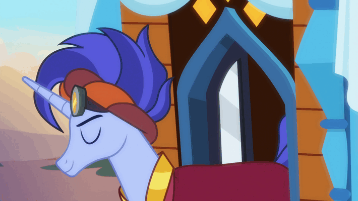 Size: 710x400 | Tagged: safe, screencap, character:hoo'far, species:pony, species:unicorn, episode:on the road to friendship, animated, clothing, desert, fabulous, gif, goggles, hair flip (action), handsome, lidded eyes, male, mane toss, perfect loop, robe, saddle arabian, smiling, solo, stallion, stupid sexy hoo'far, wagon