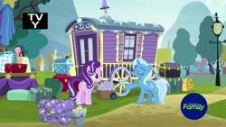 Size: 1920x1080 | Tagged: safe, screencap, character:starlight glimmer, character:trixie, species:pony, species:unicorn, episode:on the road to friendship, box, duo, female, luggage, mare, trixie's wagon, wagon