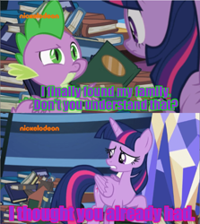 Size: 640x716 | Tagged: safe, screencap, character:spike, character:twilight sparkle, character:twilight sparkle (alicorn), species:alicorn, species:pony, episode:father knows beast, g4, my little pony: friendship is magic, book, guardians of the galaxy, guardians of the galaxy vol. 2, marvel cinematic universe, text