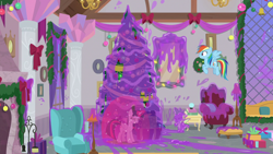 Size: 1280x720 | Tagged: safe, screencap, character:rainbow dash, character:spike, character:twilight sparkle, character:twilight sparkle (alicorn), species:alicorn, species:dragon, species:pegasus, species:pony, episode:the hearth's warming club, g4, my little pony: friendship is magic, female, goo, hearth's warming tree, male, mare, present, shield, slime, tree, window, winged spike