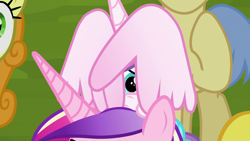 Size: 1280x720 | Tagged: safe, screencap, character:carrot top, character:golden harvest, character:goldengrape, character:princess cadance, character:princess flurry heart, species:alicorn, species:earth pony, species:pony, episode:on the road to friendship, baby, baby pony, covering, cute, female, flurrybetes, male, mare, mother and daughter, peeking, pony hat, scared, stallion, wing covering