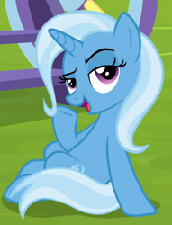 Size: 506x663 | Tagged: safe, screencap, character:trixie, species:pony, species:unicorn, episode:on the road to friendship, cropped, female, mare, open mouth, sitting, solo, stupid sexy trixie