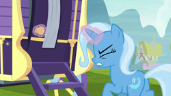 Size: 1280x720 | Tagged: safe, screencap, character:trixie, species:pony, species:unicorn, episode:on the road to friendship, eyes closed, female, gritted teeth, mare, plot, solo, trixie's wagon