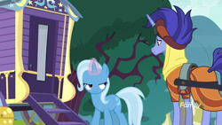 Size: 1920x1080 | Tagged: safe, screencap, character:hoo'far, character:trixie, species:pony, species:unicorn, episode:on the road to friendship, female, lidded eyes, male, mare, saddle arabian, stallion, trixie's wagon