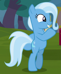 Size: 511x620 | Tagged: safe, screencap, character:trixie, species:pony, species:unicorn, episode:on the road to friendship, bipedal, cropped, cute, diatrixes, female, grin, mare, moonwalk, smiling, solo