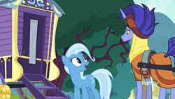 Size: 1920x1080 | Tagged: safe, screencap, character:hoo'far, character:trixie, species:pony, species:unicorn, episode:on the road to friendship, discovery family logo, female, male, mare, saddle arabian, stallion, trixie's wagon