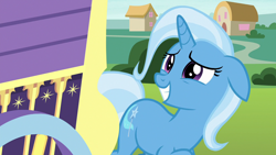 Size: 1280x720 | Tagged: safe, screencap, character:trixie, species:pony, species:unicorn, episode:on the road to friendship, cute, diatrixes, female, floppy ears, mare, sheepish grin, solo