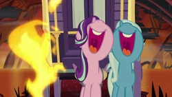 Size: 1280x720 | Tagged: safe, screencap, character:starlight glimmer, character:trixie, species:pony, species:unicorn, episode:on the road to friendship, duo, female, fire swamp, flame geyser, mare, nose in the air, singing, swamp, trixie's wagon, volumetric mouth