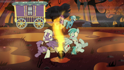 Size: 1280x720 | Tagged: safe, screencap, character:appointed rounds, character:rainy day, character:starlight glimmer, character:trixie, species:pegasus, species:pony, species:unicorn, episode:on the road to friendship, background pony, clothing, female, fire, fire swamp, flame geyser, hat, mailmare, mailmare hat, mailpony, mare, swamp, trixie's wagon, unnamed pony