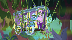 Size: 1280x720 | Tagged: safe, screencap, character:starlight glimmer, character:trixie, species:pony, species:unicorn, episode:on the road to friendship, duo, female, happy bondage, jungle, mare, smiling, trixie's wagon, vine, we're friendship bound
