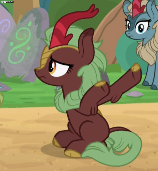 Size: 612x661 | Tagged: safe, screencap, character:autumn blaze, character:cinder glow, character:sparkling brook, character:summer flare, species:kirin, episode:sounds of silence, g4, my little pony: friendship is magic, animated, background kirin, charades, cinderbetes, cute, female, gif, loop, solo focus