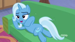 Size: 1920x1080 | Tagged: safe, screencap, character:trixie, species:pony, species:unicorn, episode:on the road to friendship, couch, discovery family logo, draw me like one of your french girls, female, mare, solo