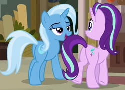 Size: 702x506 | Tagged: safe, screencap, character:starlight glimmer, character:trixie, species:pony, species:unicorn, episode:on the road to friendship, cropped, duo, female, lidded eyes, mare, plot, smiling