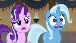 Size: 1280x720 | Tagged: safe, screencap, character:starlight glimmer, character:trixie, species:pony, species:unicorn, episode:on the road to friendship, duo, duo female, female, mare, open mouth, shocked