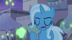 Size: 1280x720 | Tagged: safe, screencap, character:trixie, species:pony, species:unicorn, episode:on the road to friendship, eyes closed, female, glowpaz, mare, solo