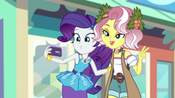 Size: 1920x1080 | Tagged: safe, screencap, character:rarity, character:vignette valencia, equestria girls:rollercoaster of friendship, g4, my little pony:equestria girls, beauty mark, bracelet, cellphone, duckface, duo, duo female, female, geode of shielding, jewelry, me my selfie and i, phone, selfie, smartphone, vignette valencia