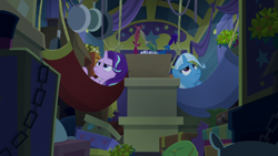 Size: 1280x720 | Tagged: safe, screencap, character:starlight glimmer, character:trixie, species:pony, species:unicorn, episode:on the road to friendship, clutter, duo, female, frying pan, hammock, luggage, mare, trixie's wagon