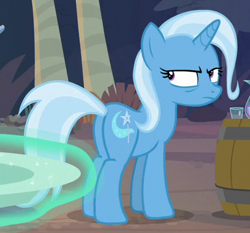 Size: 408x381 | Tagged: safe, screencap, character:trixie, species:pony, species:unicorn, episode:on the road to friendship, cropped, female, magic, mare, plot, solo, telekinesis, trixie is not amused, unamused