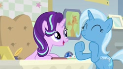 Size: 1920x1080 | Tagged: safe, screencap, character:starlight glimmer, character:trixie, species:pony, species:unicorn, episode:on the road to friendship, cute, diatrixes, discovery family logo, duo, eyes closed, female, glimmerbetes, mare