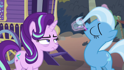 Size: 1280x720 | Tagged: safe, screencap, character:starlight glimmer, character:trixie, species:pony, species:unicorn, episode:on the road to friendship, bags under eyes, duo, eyes closed, female, juice, mare, starlight is not amused, unamused