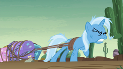 Size: 1280x720 | Tagged: safe, screencap, character:trixie, species:pony, species:unicorn, episode:on the road to friendship, eyes closed, female, luggage, mare, ropes, saguaro cactus, solo, straining