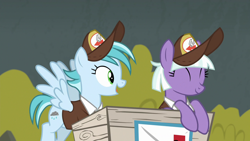 Size: 1280x720 | Tagged: safe, screencap, character:appointed rounds, character:rainy day, species:pegasus, species:pony, episode:on the road to friendship, clothing, duo, eyes closed, female, hat, mailmare hat, mailpony, mare, uniform