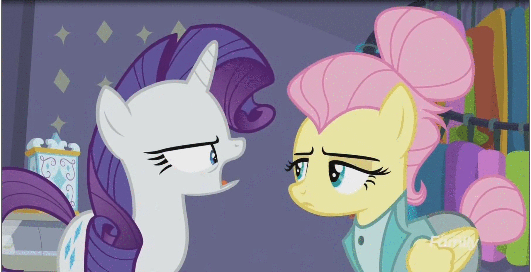 Size: 1811x927 | Tagged: safe, screencap, character:fluttershy, character:rarity, species:pegasus, species:pony, species:unicorn, episode:fake it 'til you make it, alternate hairstyle, animated, fluttergoth, gif, hipstershy, screaming, severeshy, slideshow