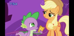 Size: 2220x1080 | Tagged: safe, screencap, character:applejack, character:spike, species:dragon, species:earth pony, species:pony, episode:the ticket master, g4, my little pony: friendship is magic, duo, female, gala ticket, japanese dub, male, mare, subtitles, ticket, tomodachi wa mahou, translation