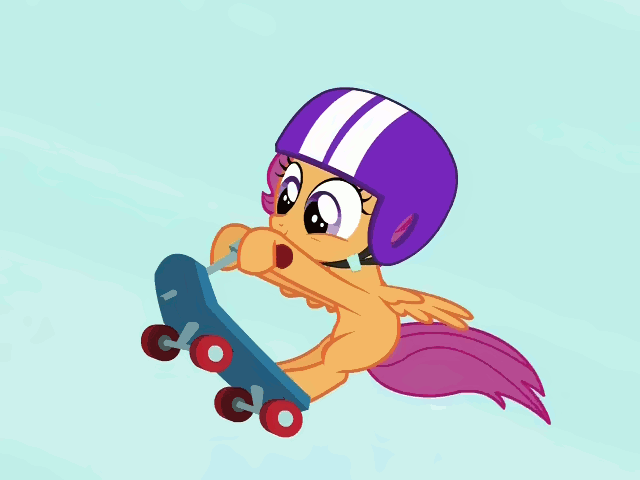 Size: 640x480 | Tagged: safe, screencap, character:scootaloo, species:pegasus, species:pony, episode:sleepless in ponyville, g4, my little pony: friendship is magic, animated, cute, flying, jumping, scooter