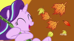 Size: 1600x900 | Tagged: safe, screencap, character:starlight glimmer, species:pony, species:unicorn, episode:on the road to friendship, discovery family logo, eyes closed, female, leaf, mare, smiling, solo, swinging, vine