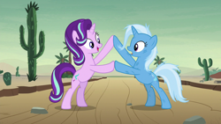 Size: 1280x720 | Tagged: safe, screencap, character:starlight glimmer, character:trixie, species:pony, species:unicorn, episode:on the road to friendship, cactus, desert, duo, female, mare, rearing, road, saguaro cactus