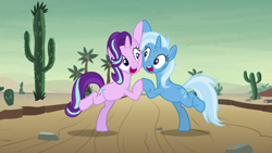 Size: 1280x720 | Tagged: safe, screencap, character:starlight glimmer, character:trixie, species:pony, species:unicorn, episode:on the road to friendship, cactus, cheek to cheek, coconut tree, desert, duo, female, mare, road, saguaro cactus