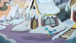 Size: 1920x1080 | Tagged: safe, screencap, character:gallus, species:griffon, episode:the hearth's warming club, g4, my little pony: friendship is magic, blue moon festival, discovery family logo, griffonstone, lonely, sad, snow, solo, woobie