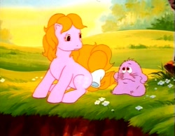 Size: 737x574 | Tagged: safe, screencap, character:shady, species:bushwoolie, species:earth pony, species:pony, g1, my little pony: the movie (1986), bow, duo, female, looking at each other