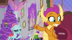 Size: 1920x1080 | Tagged: safe, screencap, character:ocellus, character:smolder, species:changeling, species:dragon, species:reformed changeling, episode:the hearth's warming club, g4, my little pony: friendship is magic, cute, discovery family logo, dragoness, duo, faec, female, grin, hearth's warming tree, mop, slime, smiling, smolderbetes, tree