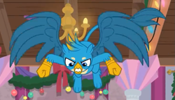 Size: 729x421 | Tagged: safe, screencap, character:gallus, species:griffon, episode:the hearth's warming club, g4, my little pony: friendship is magic, angry, cropped, flying, gritted teeth, male, paws, wings