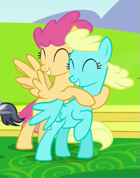Size: 409x520 | Tagged: safe, screencap, character:dizzy twister, character:orange swirl, character:rumble, character:sassaflash, species:pegasus, species:pony, episode:hurricane fluttershy, g4, my little pony: friendship is magic, background pony, cropped, duo focus, eyes closed, female, hug, mare, raised hoof, smiling, spread wings, windswept mane, wings