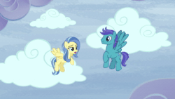 Size: 1920x1080 | Tagged: safe, screencap, character:clear skies, character:fluffy clouds, character:open skies, character:rainbow dash, character:sunshower, species:pegasus, species:pony, episode:tanks for the memories, g4, my little pony: friendship is magic, abbott and costello, animated, cloud, female, flying, funny, joke, male, mare, sound, stallion, webm, who's on first?