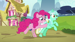 Size: 1280x720 | Tagged: safe, screencap, character:bon bon, character:lyra heartstrings, character:pinkie pie, character:sweetie drops, species:earth pony, species:pony, species:unicorn, episode:rock solid friendship, g4, my little pony: friendship is magic, house, shoving