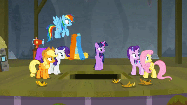 Size: 720x404 | Tagged: safe, screencap, character:applejack, character:fluttershy, character:pinkie pie, character:rainbow dash, character:rarity, character:starlight glimmer, character:twilight sparkle, character:twilight sparkle (alicorn), species:alicorn, species:earth pony, species:pegasus, species:pony, species:unicorn, episode:horse play, g4, my little pony: friendship is magic, animated, balloon, balloon popping, deflating, deflation, female, fragments, mane six, mare, mouth hold, paint bucket, popping, puncture, sad, sewing machine, stage, trapdoor