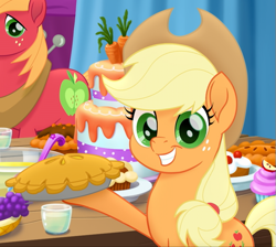 Size: 519x465 | Tagged: safe, screencap, character:applejack, character:big mcintosh, species:earth pony, species:pony, my little pony: the movie (2017), apple, apple pie, applejack's hat, big macintosh's yoke, cake, carrot, clothing, cowboy hat, cropped, cupcake, female, food, grapes, hat, hoof hold, layer cake, male, mare, pie, stallion