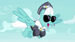 Size: 1280x720 | Tagged: safe, screencap, species:pegasus, species:pony, episode:testing testing 1-2-3, g4, my little pony: friendship is magic, ancient wonderbolts uniform, background pony, clothing, commander easy glider, fleece jacket, flying, hat, high note, jacket, male, open mouth, solo, spread wings, stallion, sunglasses, uniform, wings