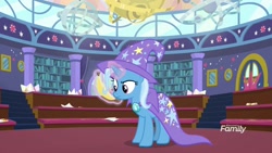 Size: 1920x1080 | Tagged: safe, screencap, character:trixie, species:pony, species:unicorn, episode:a matter of principals, g4, my little pony: friendship is magic, banana, bananaphone, cape, clothing, discovery family logo, female, food, glowing horn, hat, horn, magic, mare, solo, trixie's cape, trixie's hat
