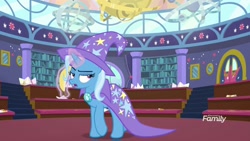 Size: 1920x1080 | Tagged: safe, screencap, character:trixie, species:pony, species:unicorn, episode:a matter of principals, g4, my little pony: friendship is magic, banana, bananaphone, cape, clothing, discovery family logo, female, food, glowing horn, hat, horn, magic, mare, solo, trixie is not amused, trixie's cape, trixie's hat, unamused