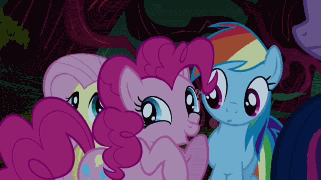 Size: 640x360 | Tagged: safe, screencap, character:fluttershy, character:pinkie pie, character:rainbow dash, character:twilight sparkle, episode:friendship is magic, g4, my little pony: friendship is magic, season 1, animated, gif, laughter song, wiggle