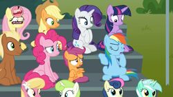 Size: 1920x1080 | Tagged: safe, screencap, character:applejack, character:bon bon, character:fluttershy, character:lily, character:lily valley, character:lyra heartstrings, character:meadow song, character:minty green, character:pinkie pie, character:rainbow dash, character:rarity, character:scootaloo, character:sweetie drops, character:twilight sparkle, character:twilight sparkle (alicorn), species:alicorn, species:earth pony, species:pegasus, species:pony, episode:the washouts, g4, my little pony: friendship is magic, :s, bake it like buddy, bleachers, discovery family logo, female, filly, male, mane six, mare, sitting, slouching, stallion, wavy mouth