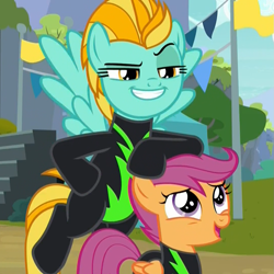 Size: 1079x1078 | Tagged: safe, screencap, character:lightning dust, character:scootaloo, species:pegasus, species:pony, episode:the washouts, g4, my little pony: friendship is magic, clothing, duo, evil grin, female, filly, flying, foal, grin, happy, looking up, mare, pint-sized dynamite, raised eyebrow, smiling, smug, uniform, washouts uniform