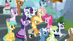 Size: 1920x1080 | Tagged: safe, screencap, character:applejack, character:dark moon, character:fluttershy, character:graphite, character:meadow song, character:minty green, character:miss hackney (g4), character:mochaccino, character:moonlight raven, character:neon lights, character:pinkie pie, character:pokey pierce, character:polo play, character:rare find, character:rarity, character:rising star, character:sunshower raindrops, character:twilight sparkle, character:twilight sparkle (alicorn), species:alicorn, species:pony, species:unicorn, episode:the washouts, g4, my little pony: friendship is magic, background pony, bake it like buddy, bleachers, discovery family logo, female, las pegasus resident, male, mare, ponyville, stallion