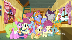 Size: 1920x1080 | Tagged: safe, screencap, character:alula, character:bon bon, character:bow hothoof, character:daisy, character:noi, character:pluto, character:scootaloo, character:snails, character:snips, character:sweetie drops, character:twilight sparkle, character:twilight sparkle (alicorn), character:windy whistles, character:written script, species:alicorn, species:earth pony, species:pegasus, species:pony, species:unicorn, episode:the washouts, g4, my little pony: friendship is magic, bake it like buddy, clothing, clubhouse, colt, crusaders clubhouse, discovery family logo, fake wings, female, filly, flag, male, mare, scootaloo fanclub, scootaloo mask, scootalove, shirt, stallion, visor