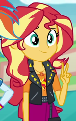 Size: 478x754 | Tagged: safe, screencap, character:sunset shimmer, equestria girls:rollercoaster of friendship, g4, my little pony:equestria girls, cropped, geode of empathy, peace sign